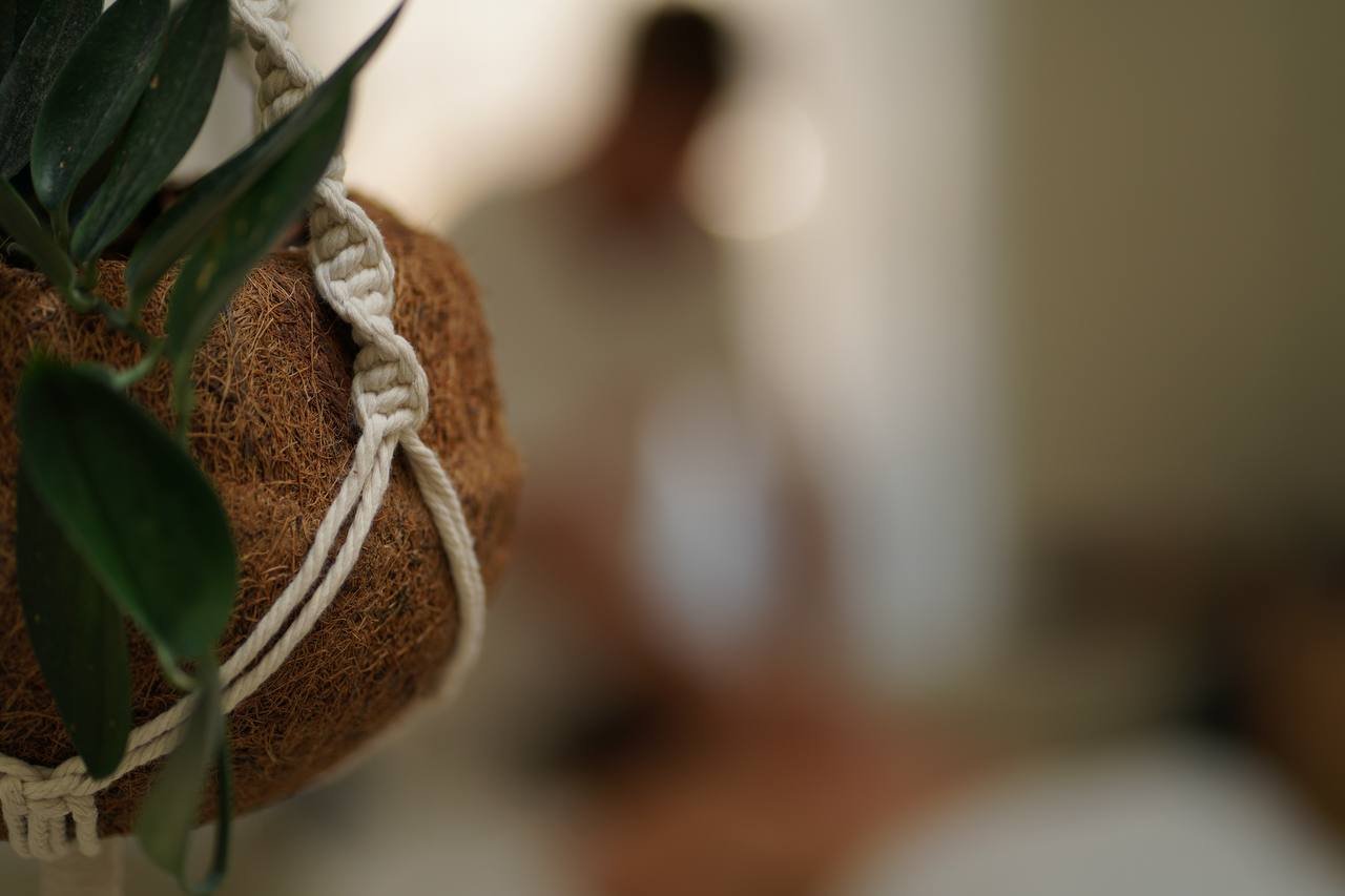 Hanging planters with green plants and a blurred person in the background.
